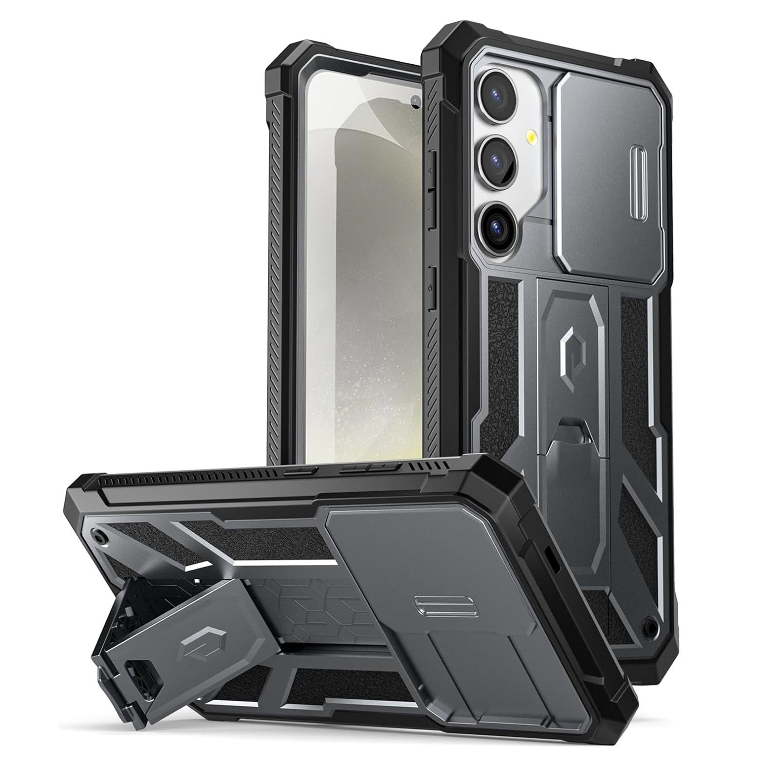Poetic Spartan rugged case for Galaxy S24+, front, back, and kickstand views