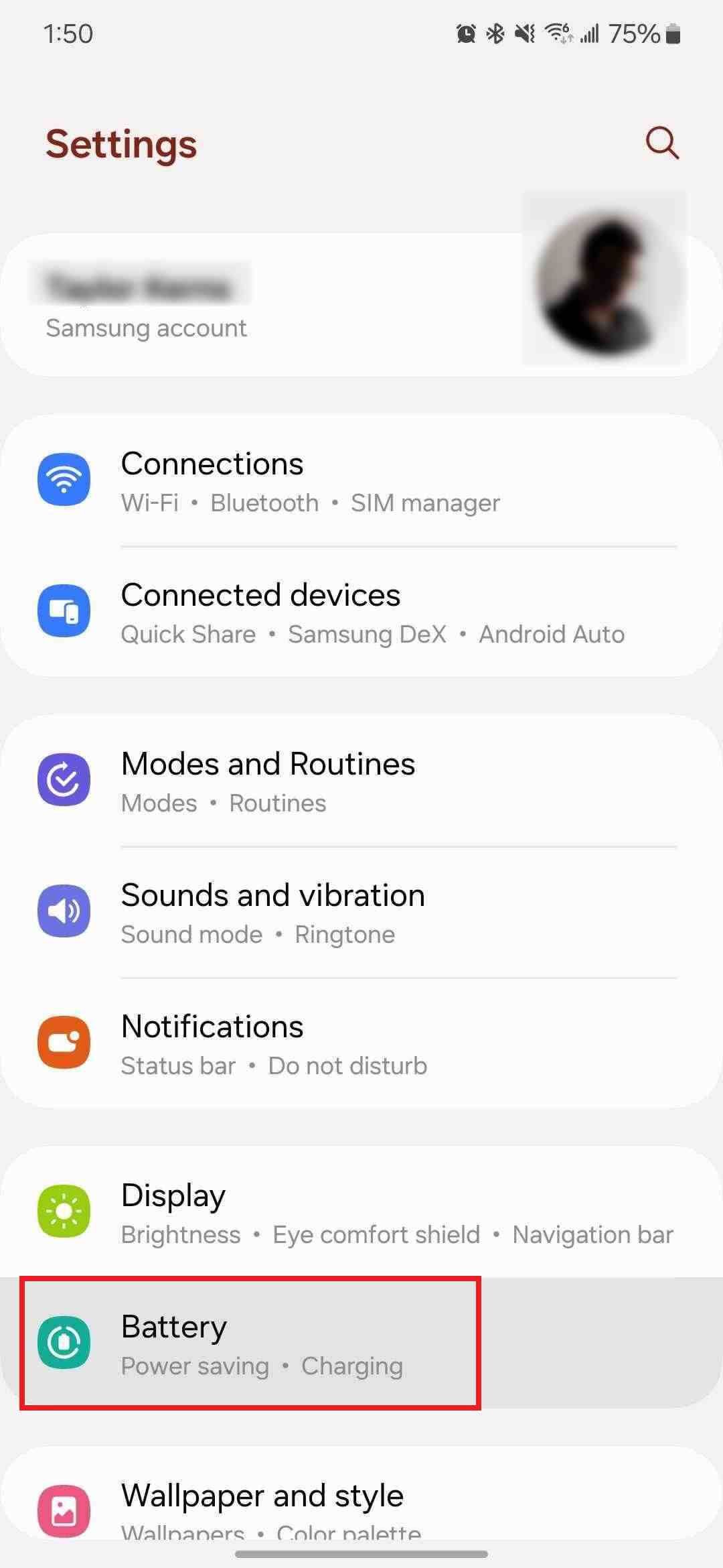 Screenshot highlighting 'Battery' on the Samsung Galaxy S24