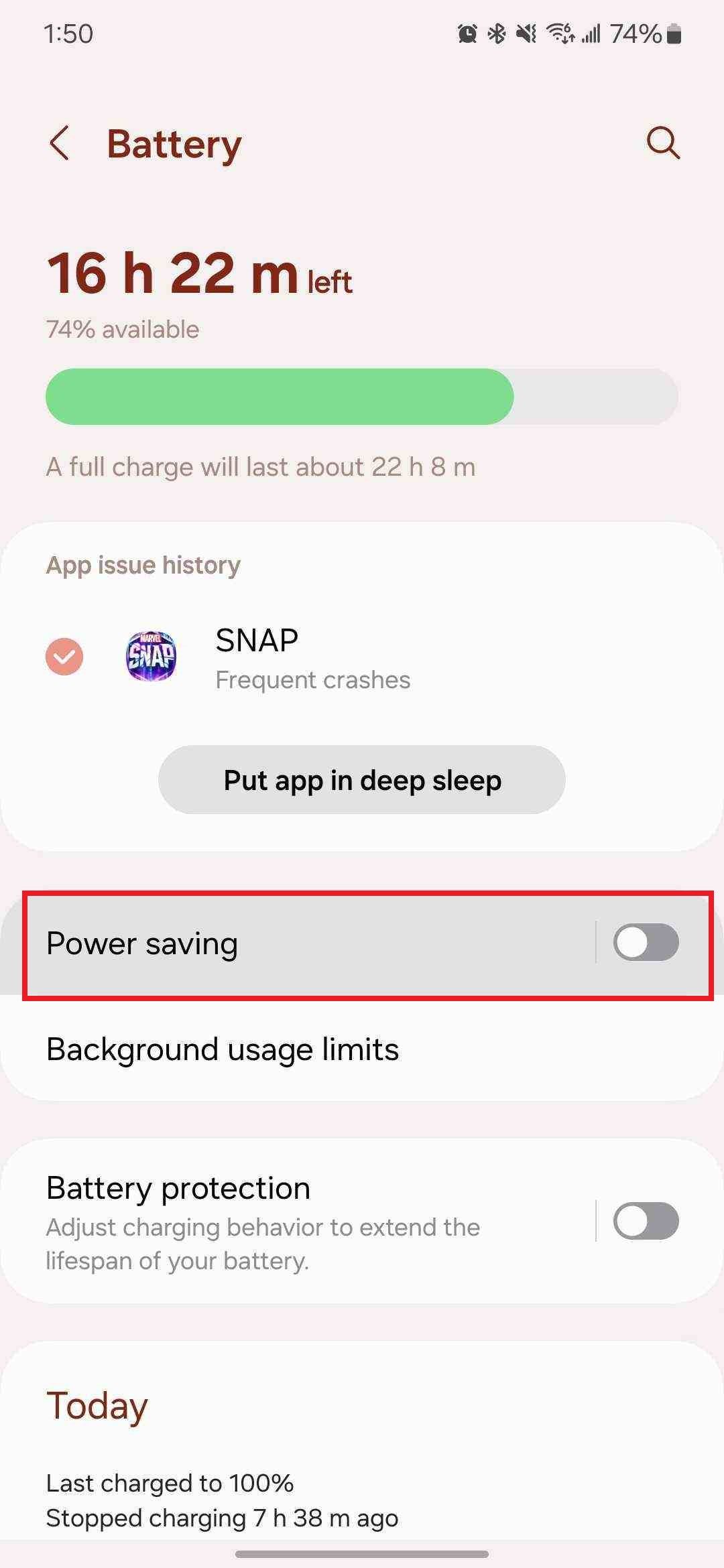 Screenshot highlighting 'Power saving' on the Samsung Galaxy S24