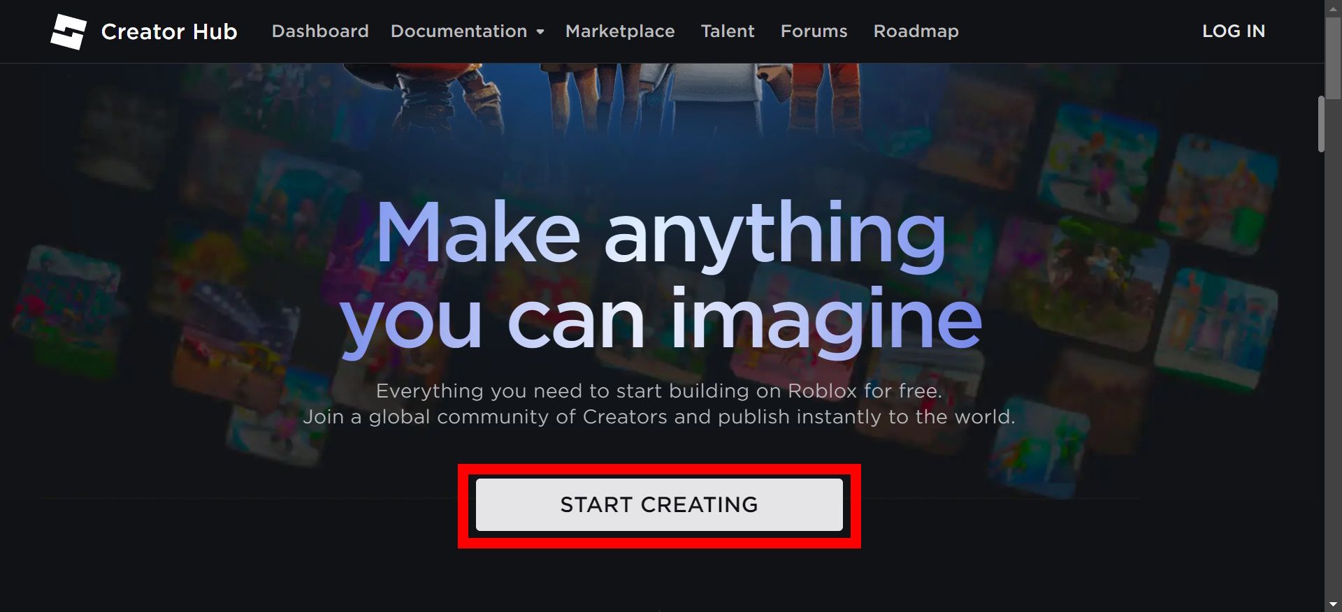 red rectangle outline over start creating button on roblox studio page