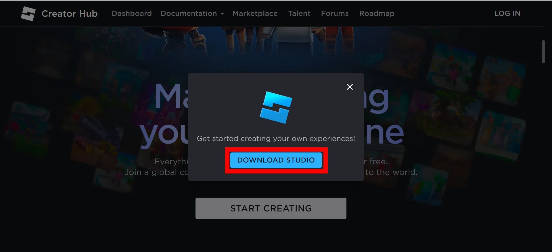 red rectangle outline over download studio button in pop up window