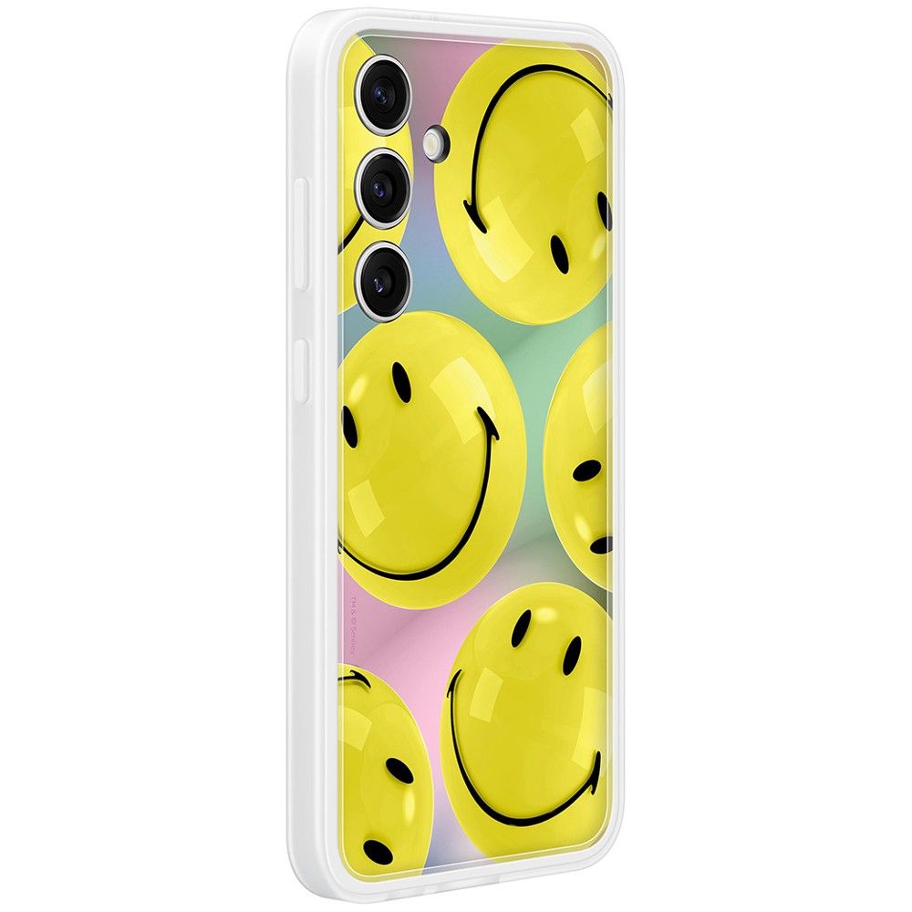 A angled rear view of the yellow, smiley face-filled Samsung Flipsuit for Galaxy S24+ on a white background