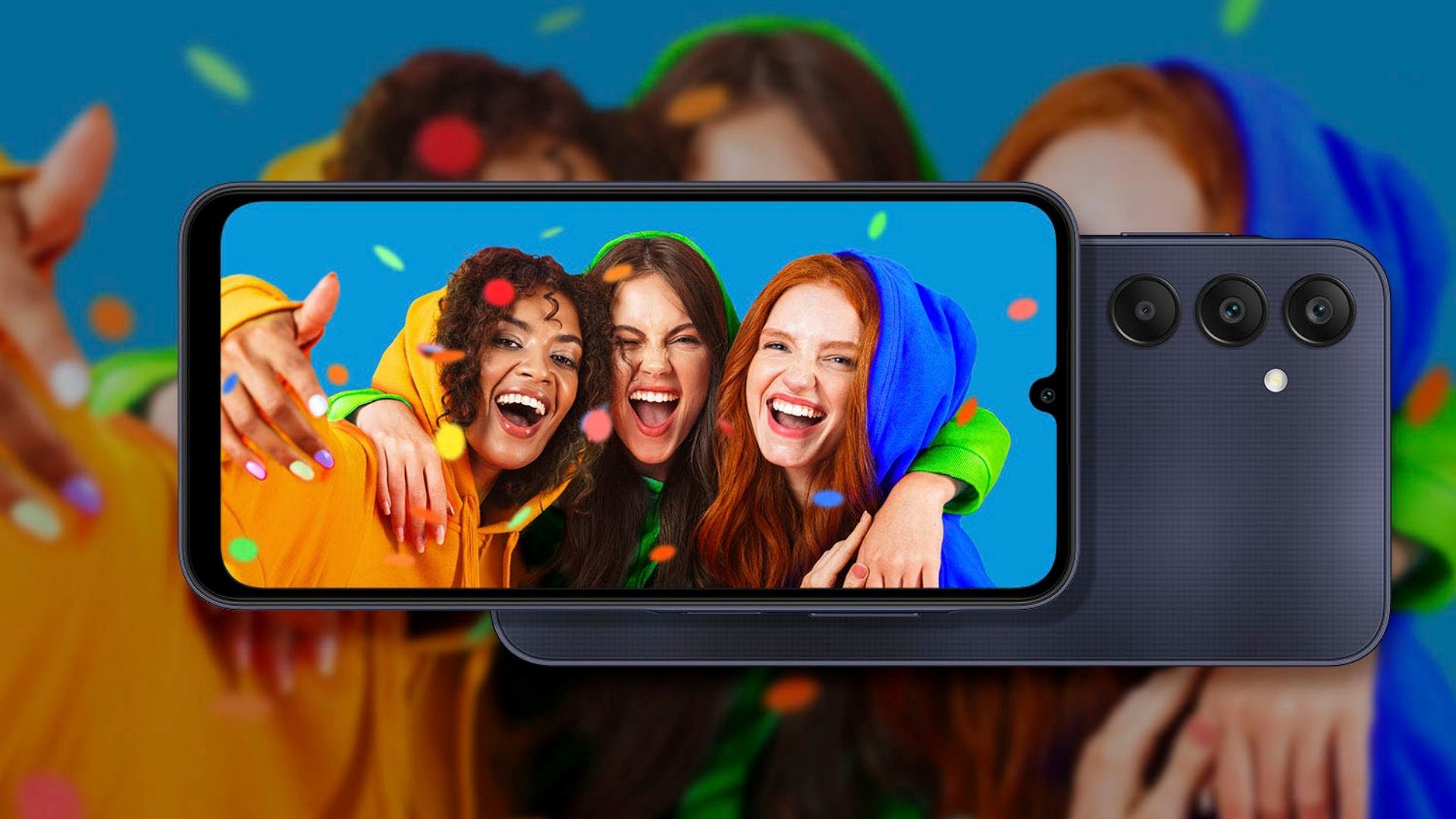 samsung galaxy a25, front and back overlayed with a group photo on the screen