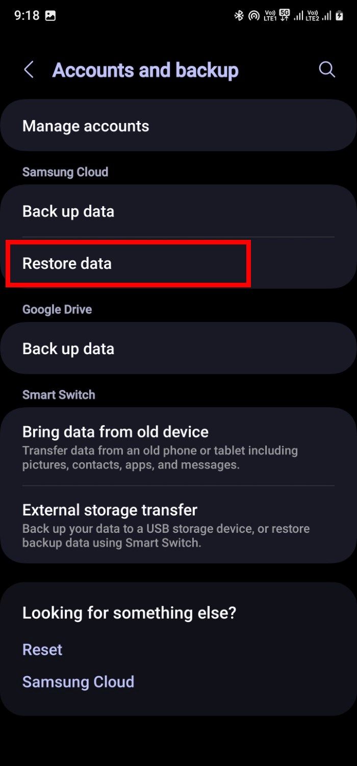 Screenshot showing the restore data option under Accounts and backup on a Samsung Galaxy S22 Ultra phone