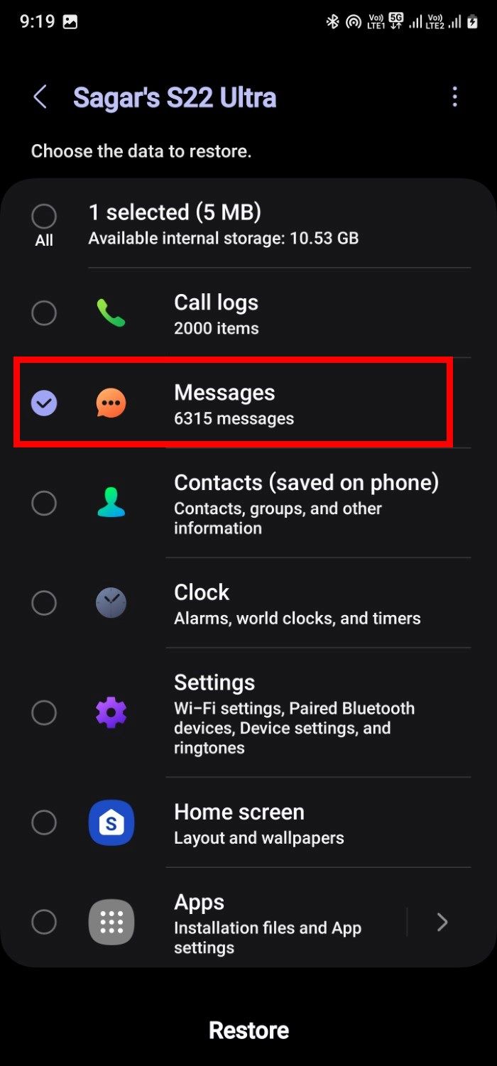 Screenshot showing the steps to choose Messages and restore it