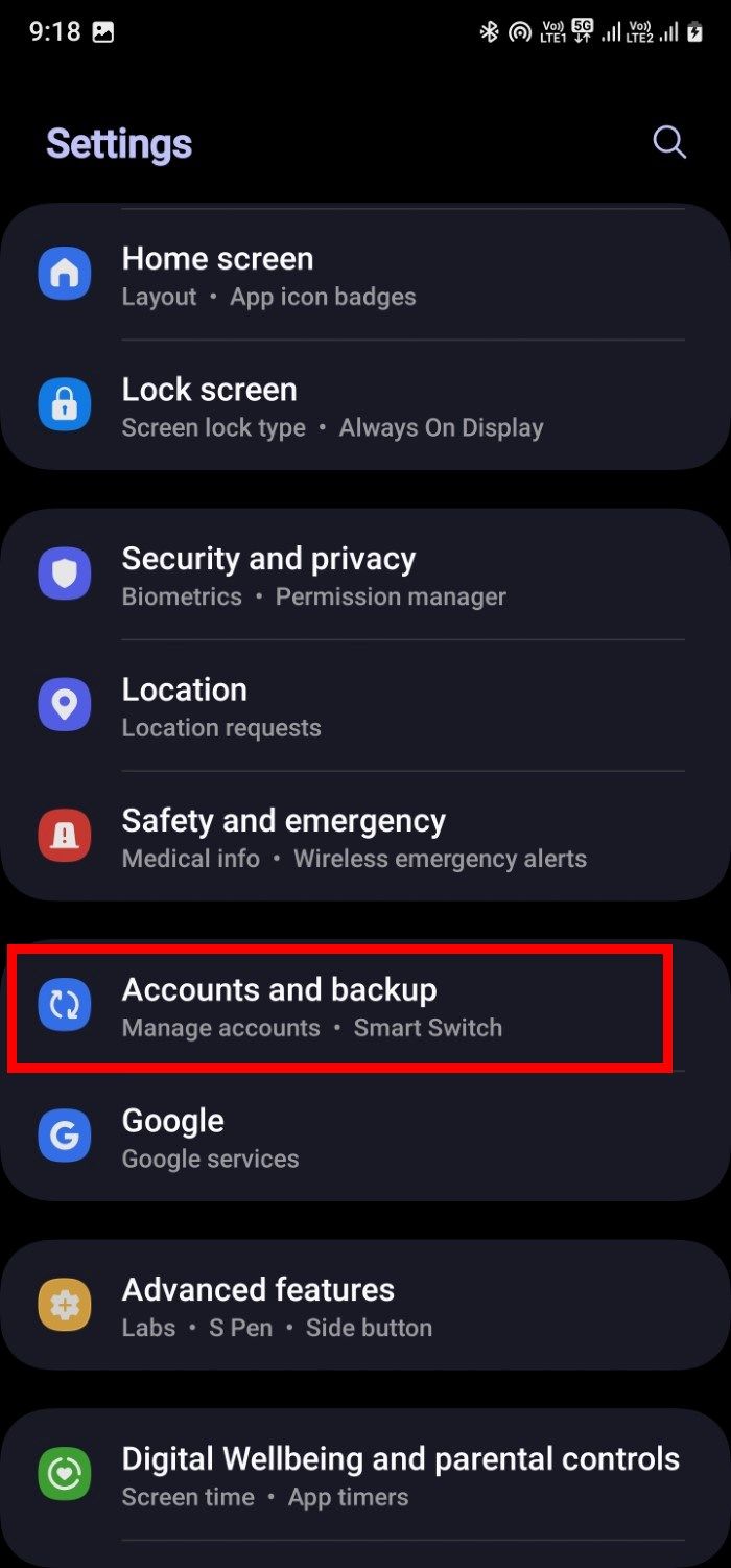 Screenshot showing the Accounts and backup option on a Samsung Galaxy S22 Ultra smartphone