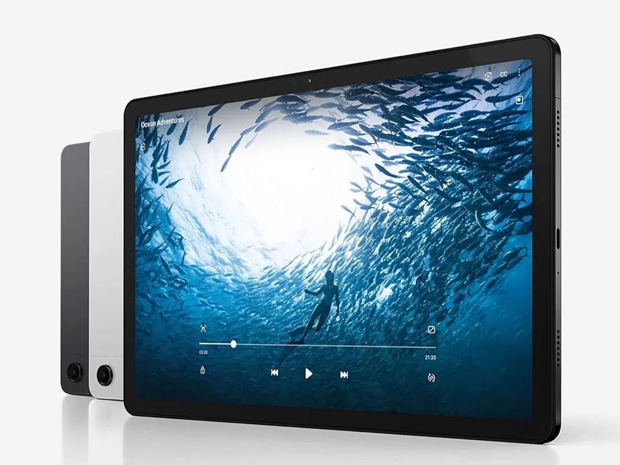 Samsung Galaxy Tab A9+ angled three tablets white background