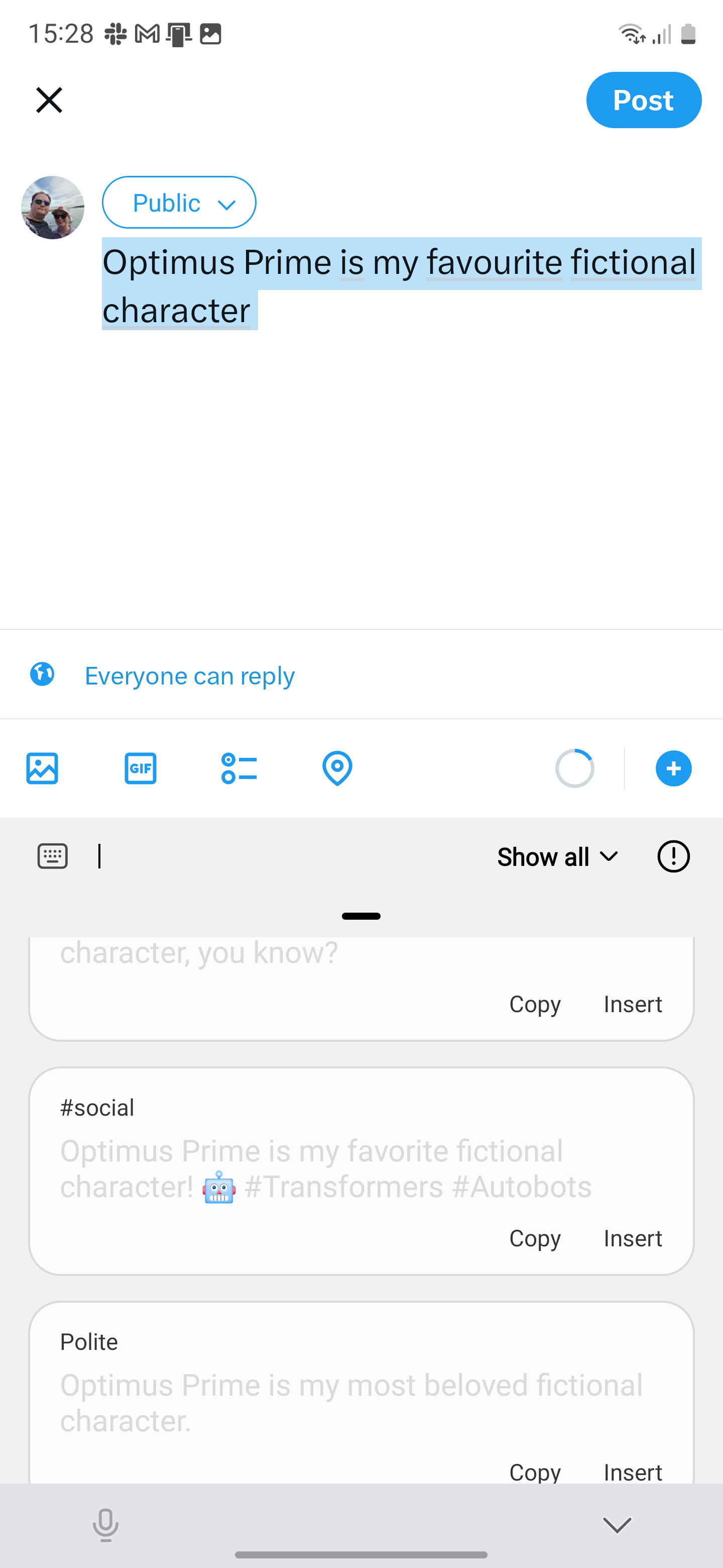 A screenshot of Samsung Keyboard's AI assist features