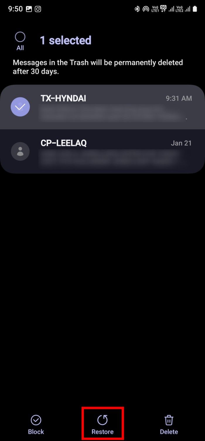 Screenshot showing Samsung Messages restore messages option