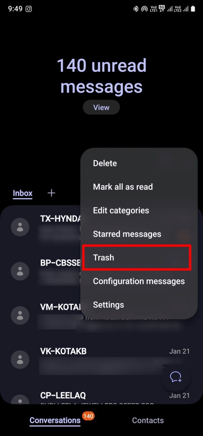 Screenshot showing Samsung Messages Trash option