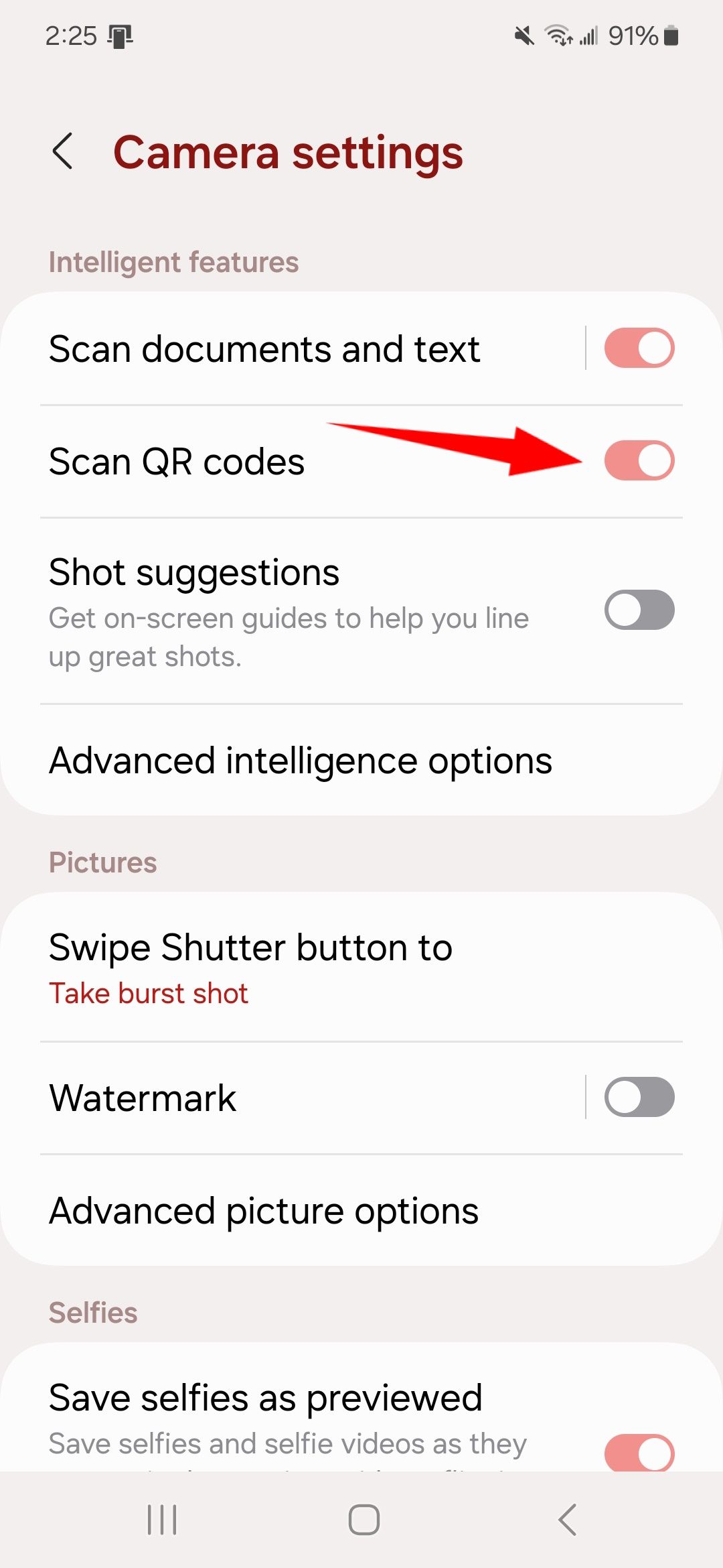 Enable Scan QR codes in Samsung Camera