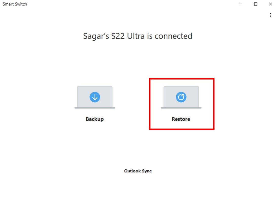 Screenshot showing the Smart Switch desktop app Restore button
