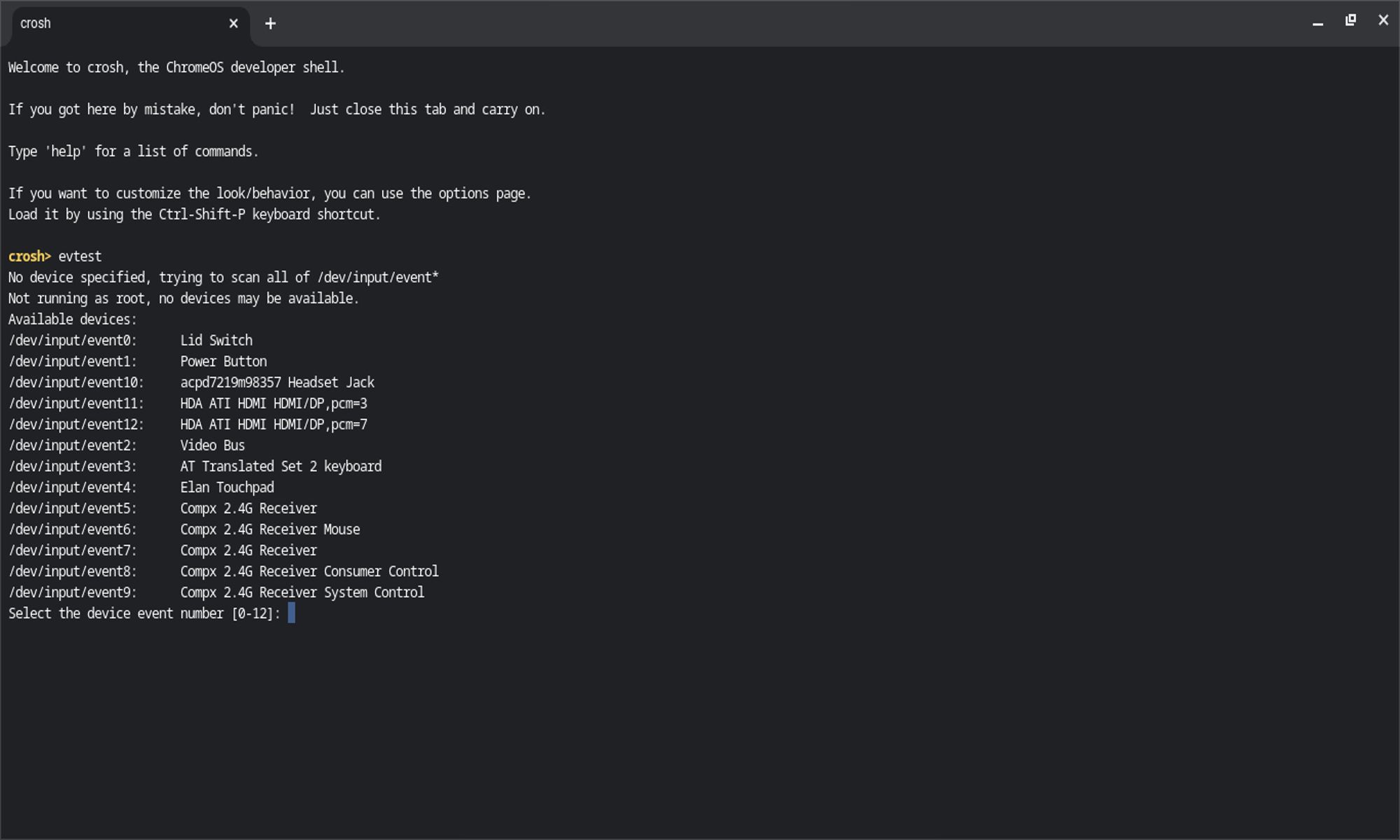 screenshot of the crosh interface running the evtest command