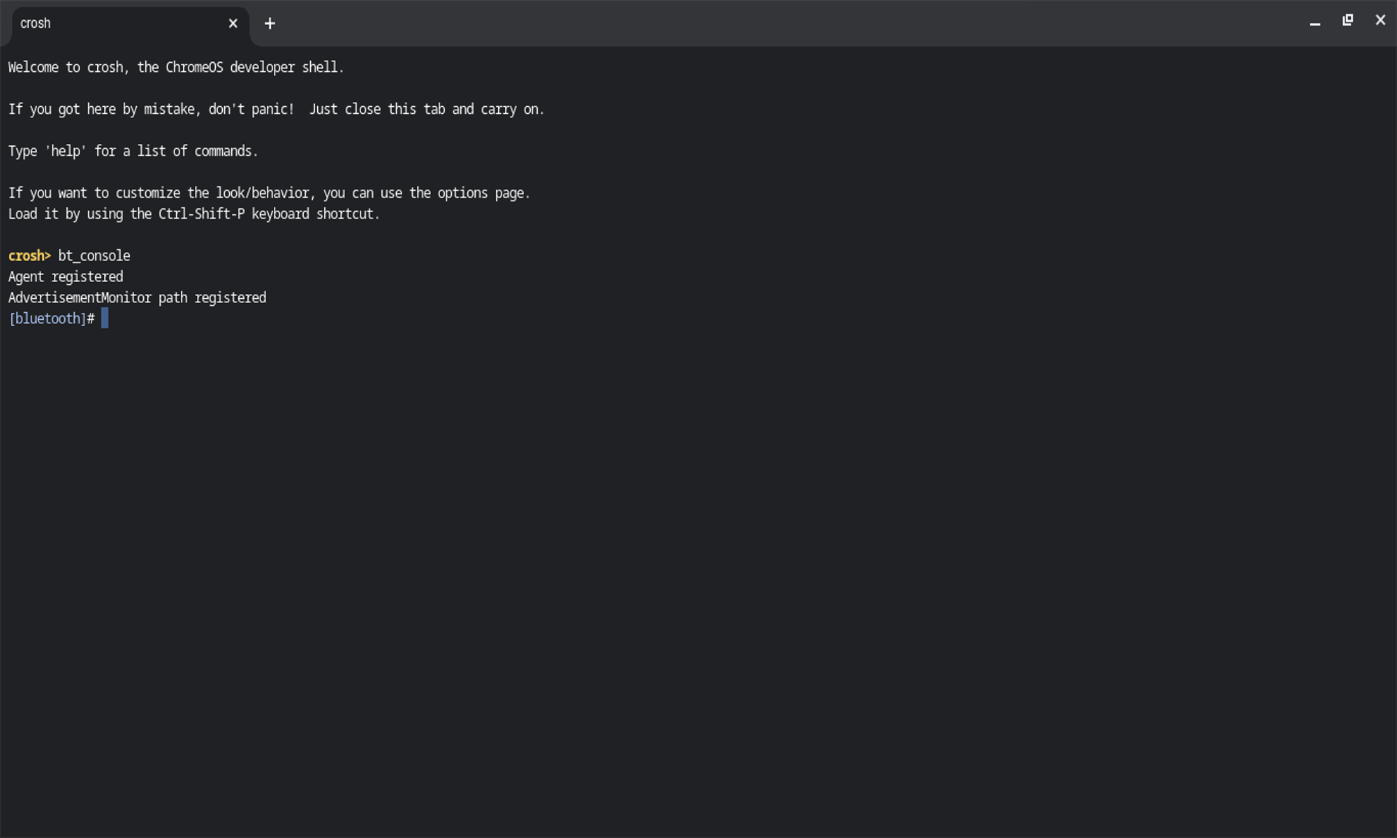 screenshot of the crosh interface running the bt_console command