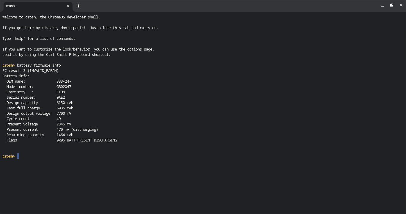 screenshot of the crosh interface running the battery_firmware info command