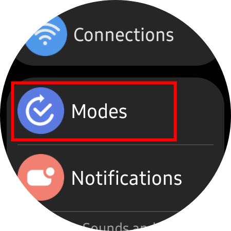 Screenshot showing Modes option inside the Samsung Galaxy Watch 6 settings menu