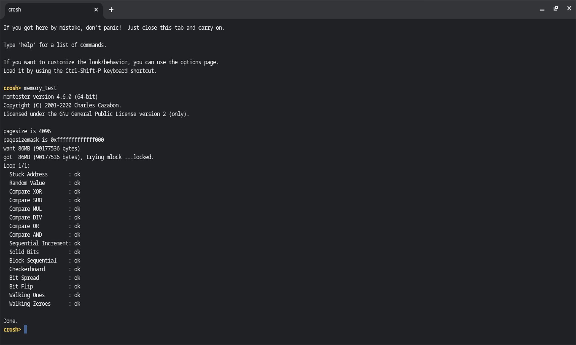 screenshot of the crosh interface running the memory_test command