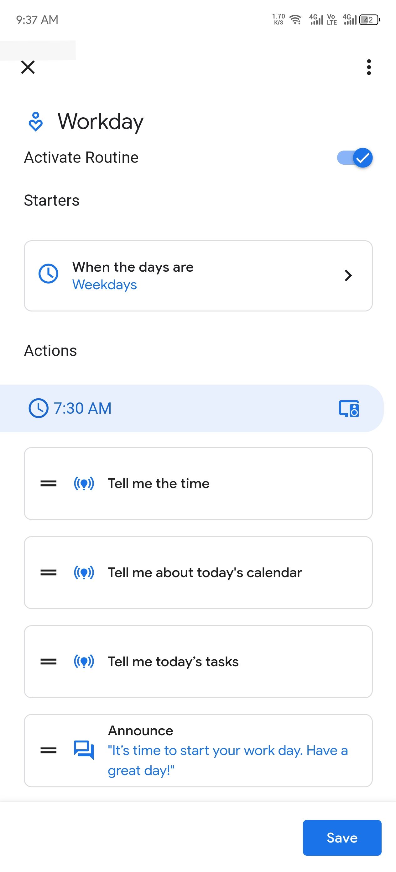 Screenshot of the Weekday routine on the Google Homes app