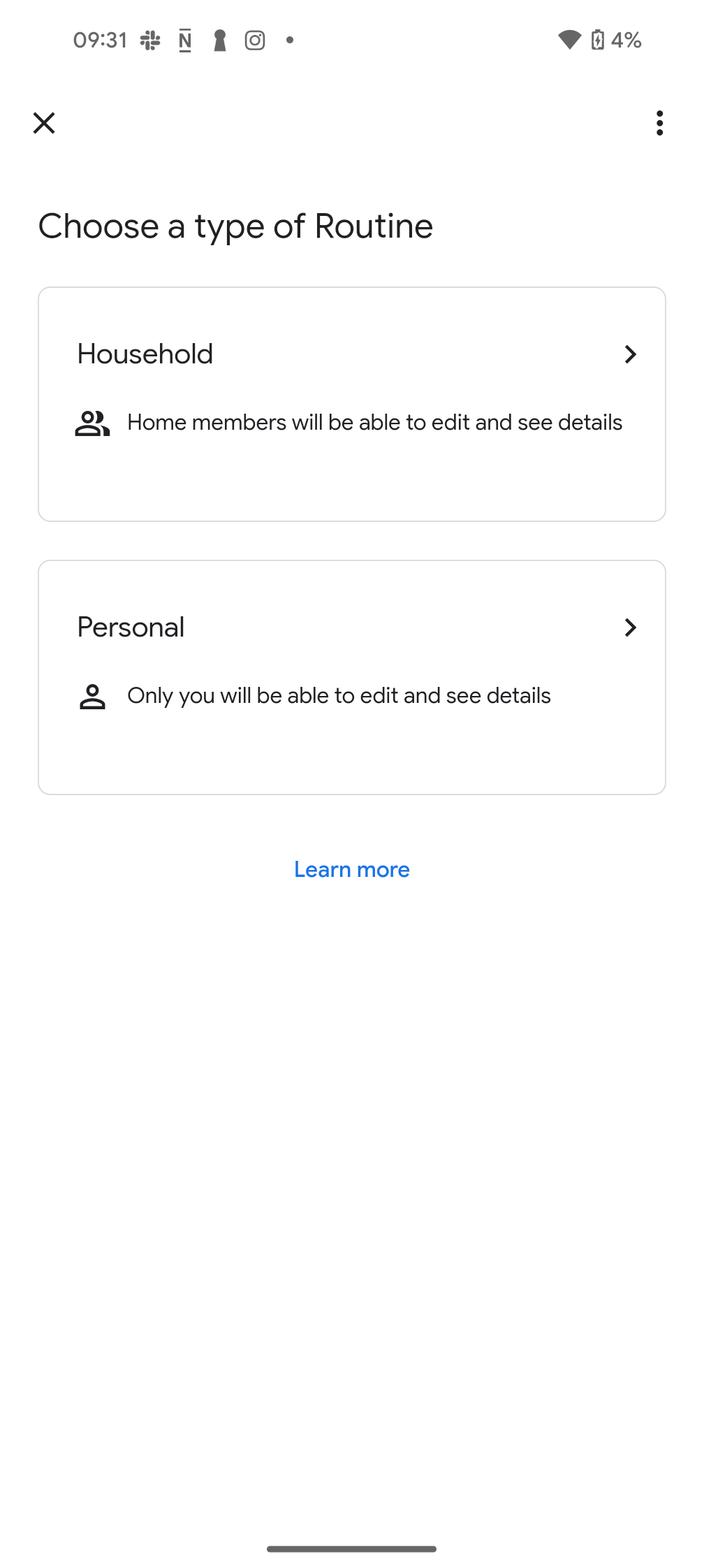 Choosing a routine type in Google Home