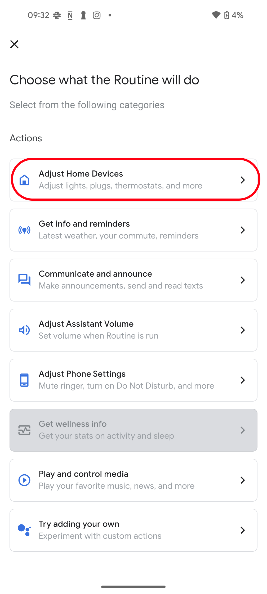 Choosing a routine action in Google Home