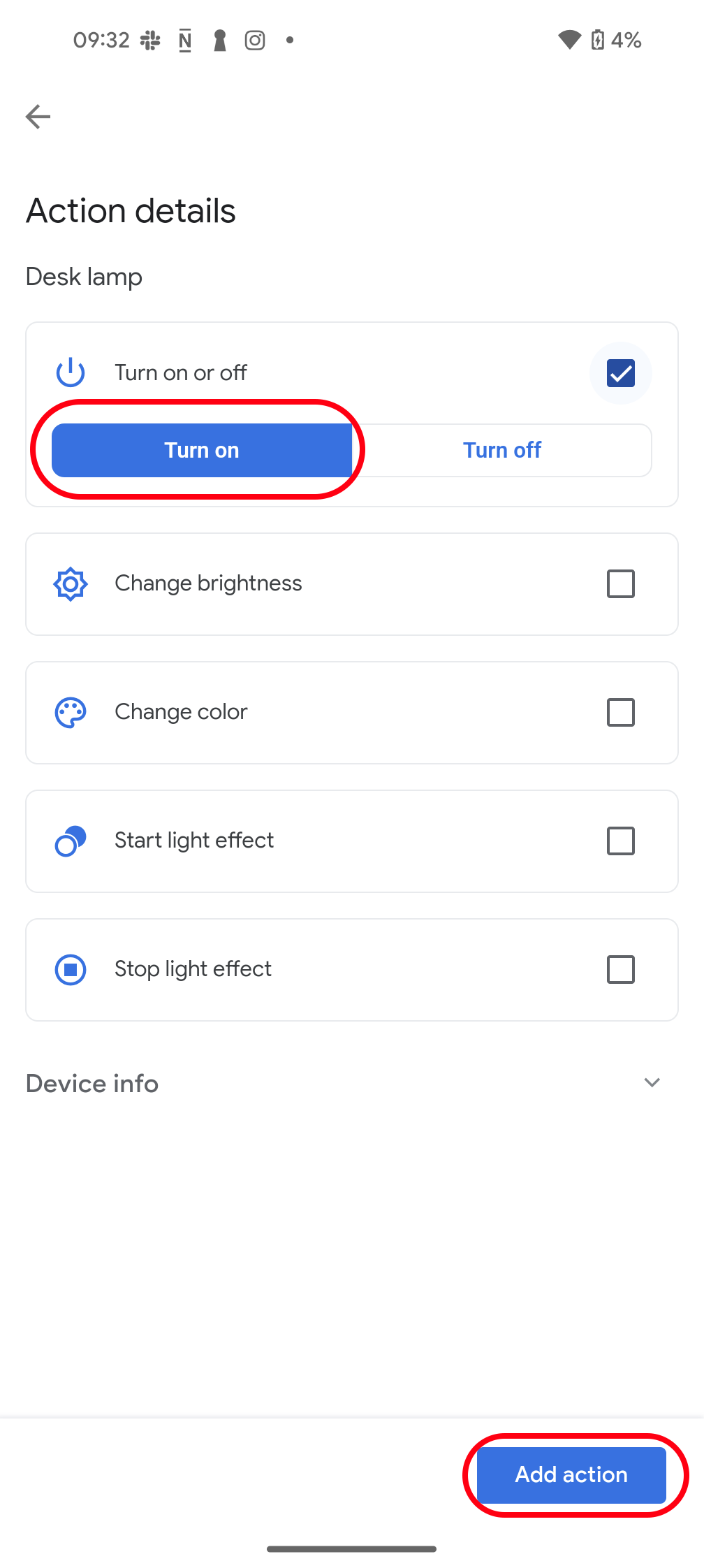 Choosing a routine action in Google Home