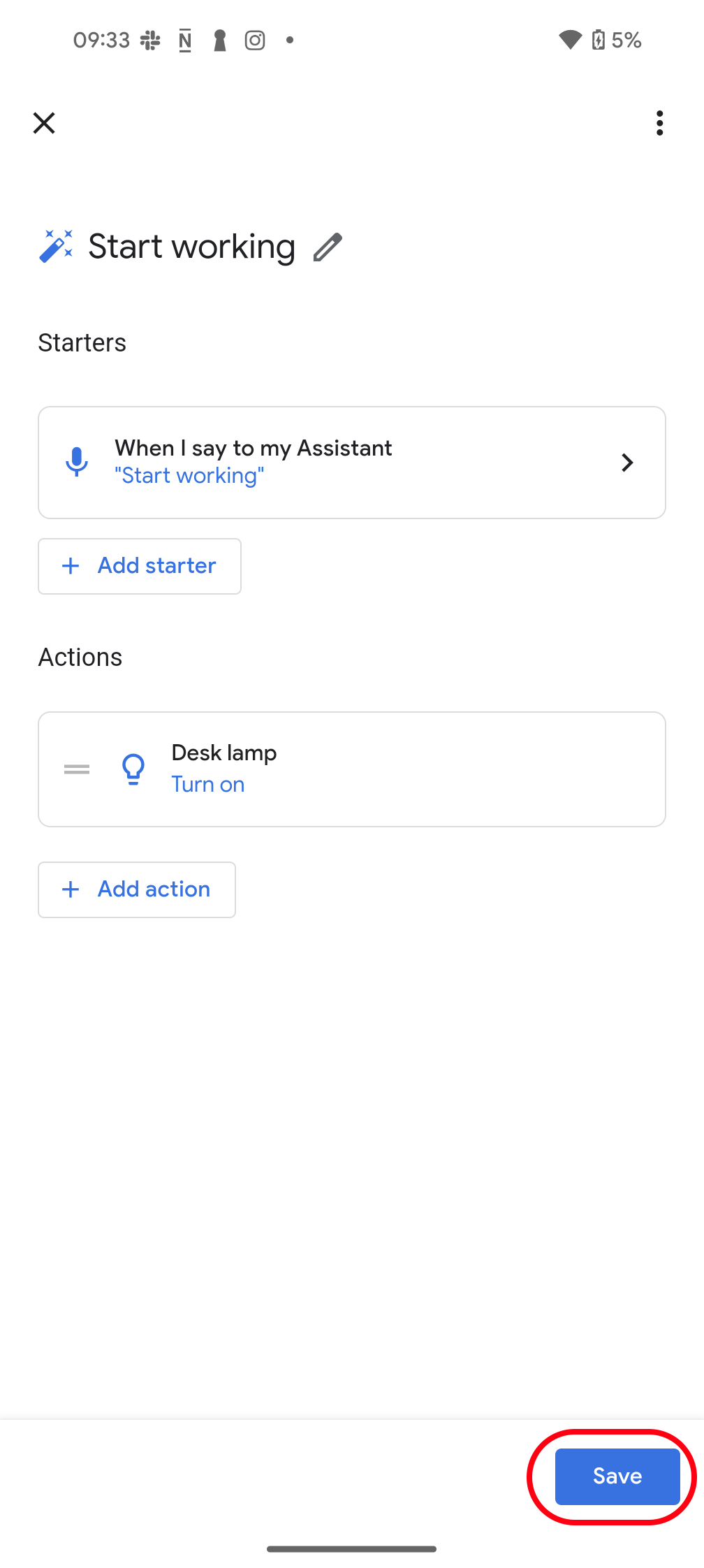 Saving a new routine in Google Home