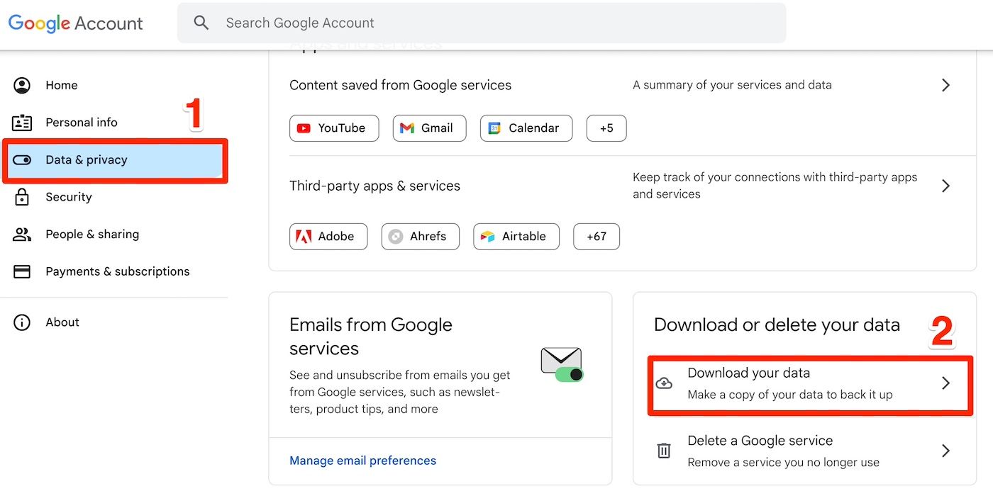 Selecting Download your data option in Google Data and privacy menu online