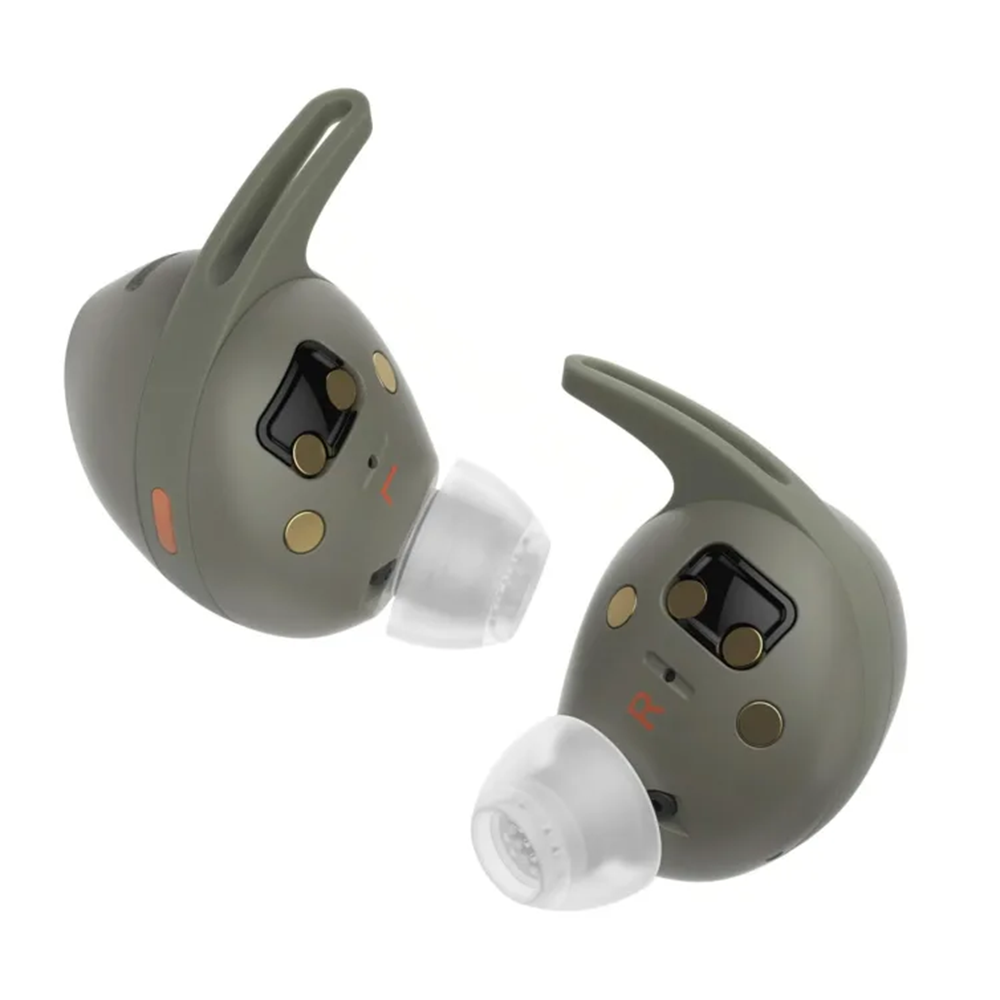 Sennheiser Momentum Sport earbuds in grey-green against a white background