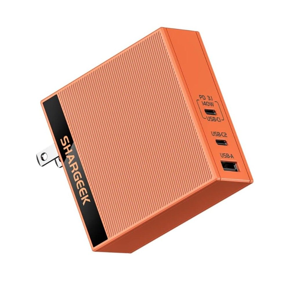 An orange Shargeek GaN charger with three USB ports