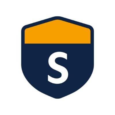 SimpliSafe logo, white S in dark blue and orange crest shape