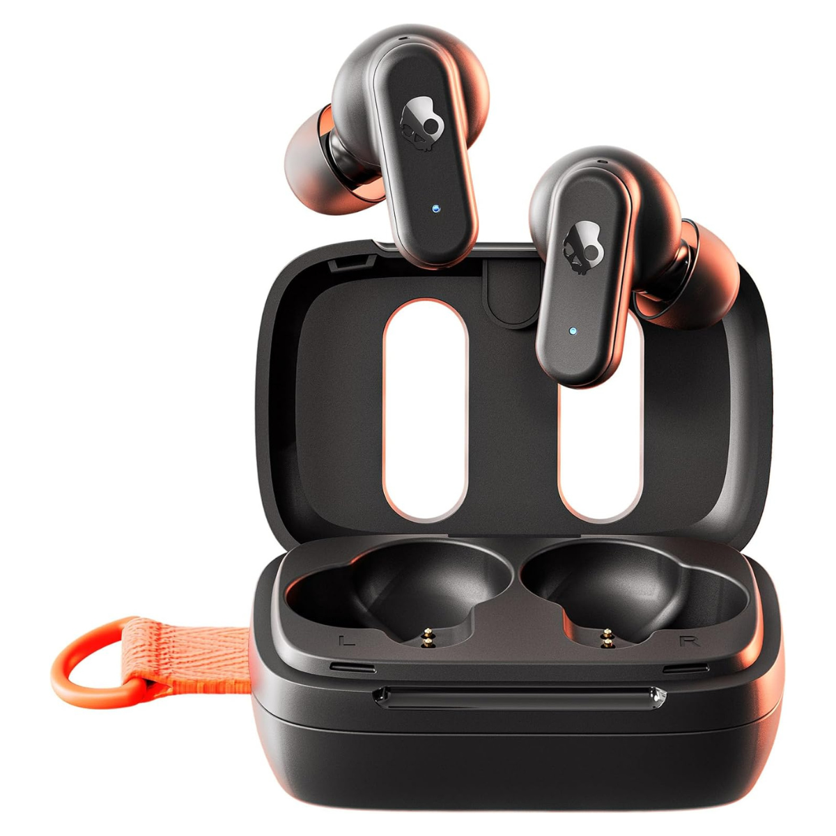 The Skullcandy Dime 3 True Wireless Earbuds hovering above their case
