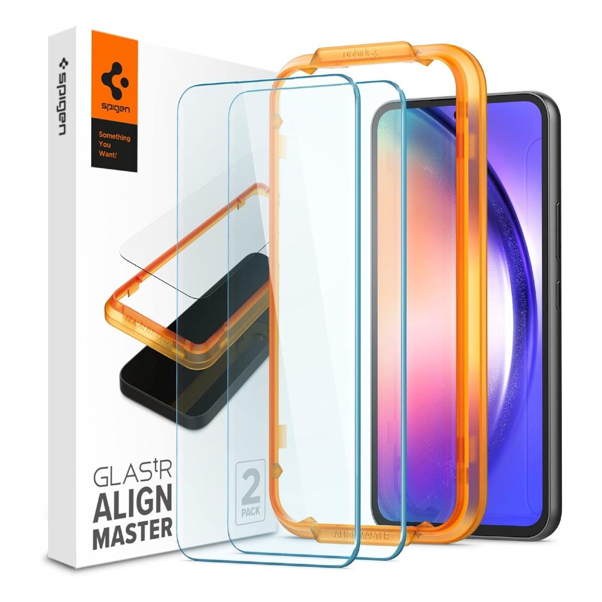 A Spigen Tempered Glass retail box, two glass screen protectors, a screen protector installation tool, and a phone on a white background and for Galaxy A54 5G