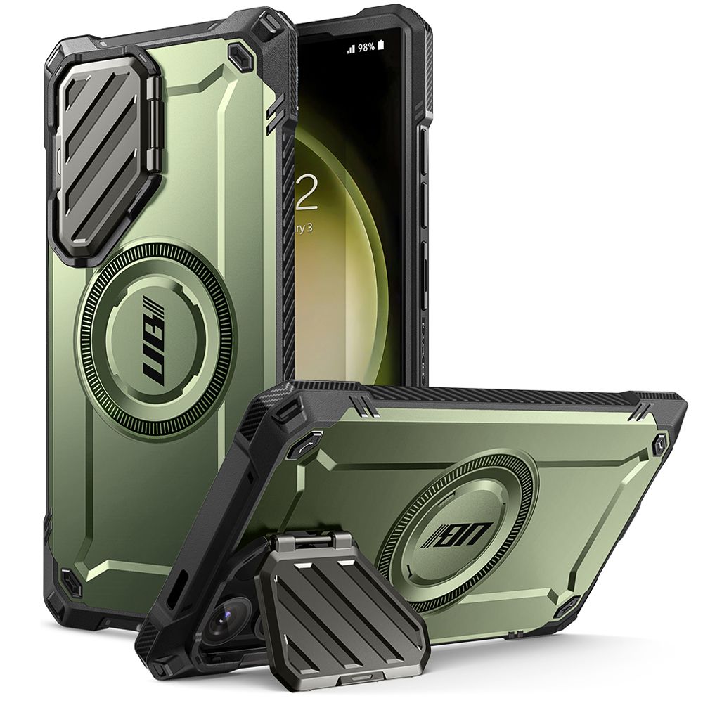 The back and front of the Supcase Unicorn Beetle Mag XT for Galaxy S24 Ultra and one smaller view of the kickstand in action