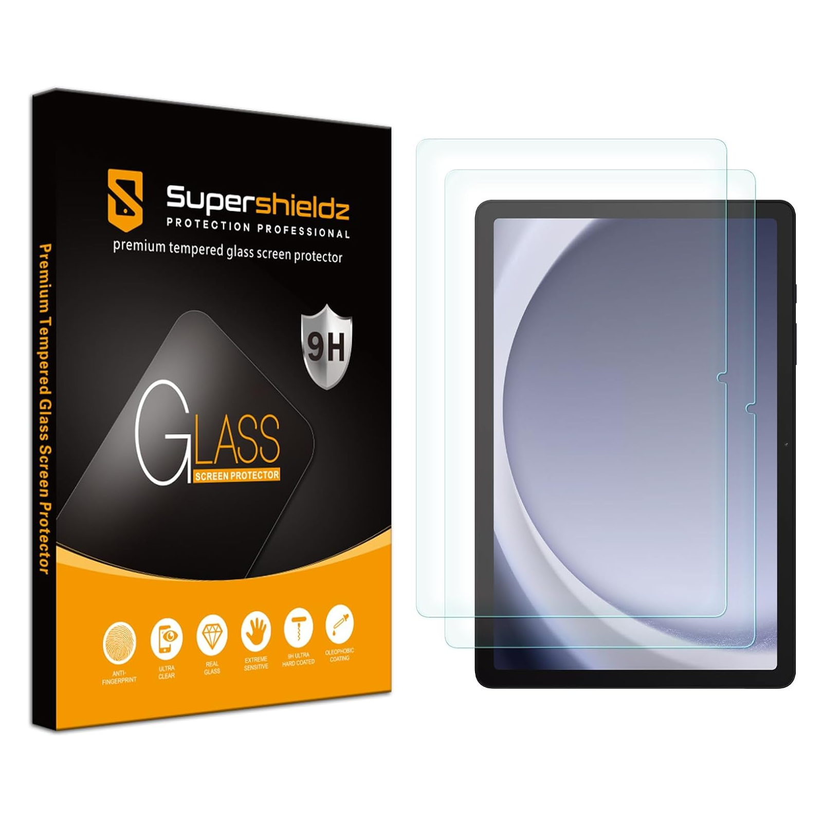 Supershieldz Galaxy Tab A9 Plus packaging, part of screen and tablet