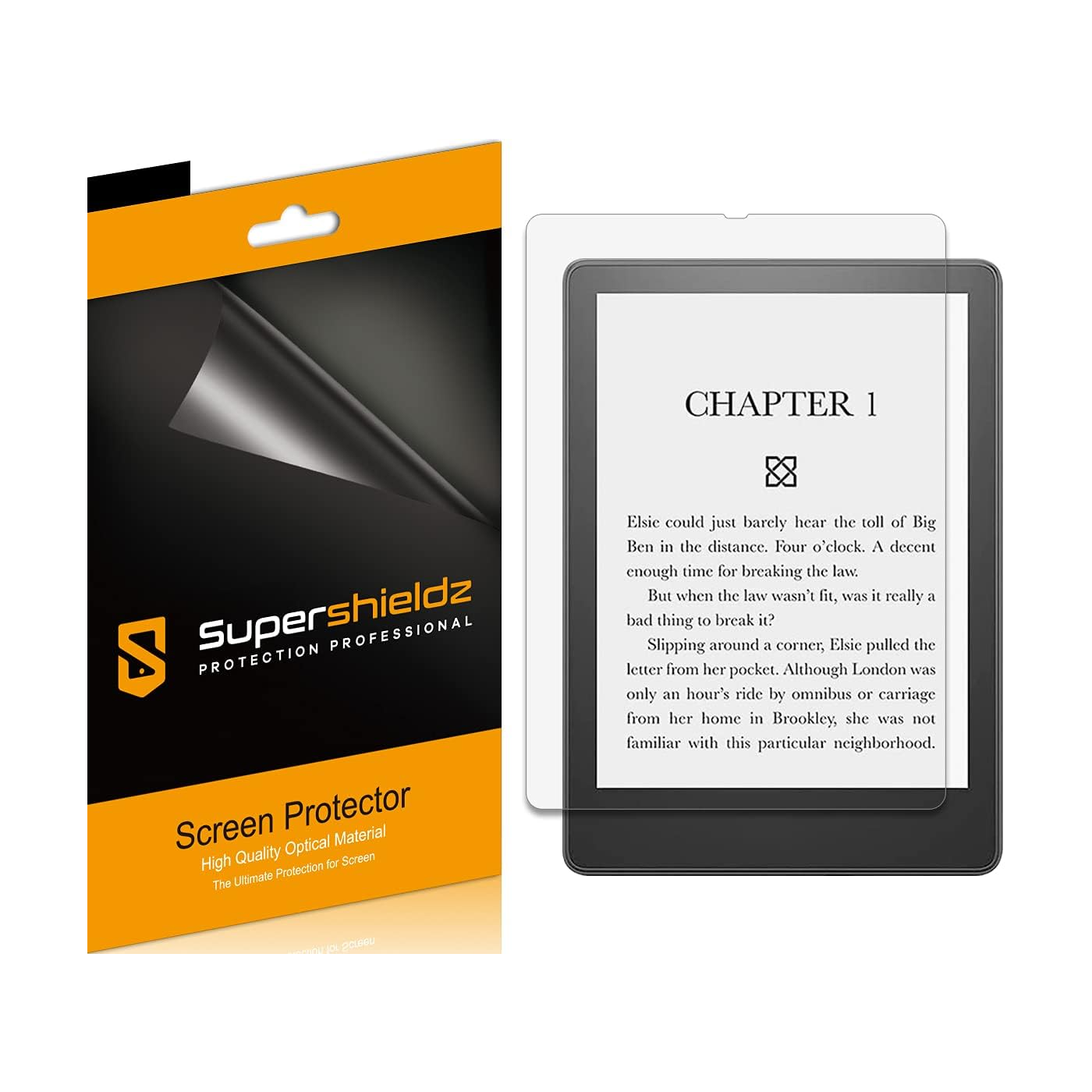 Supershieldz Matte Screen Protector for Kindle Paperwhite, overlayed view beside packaging