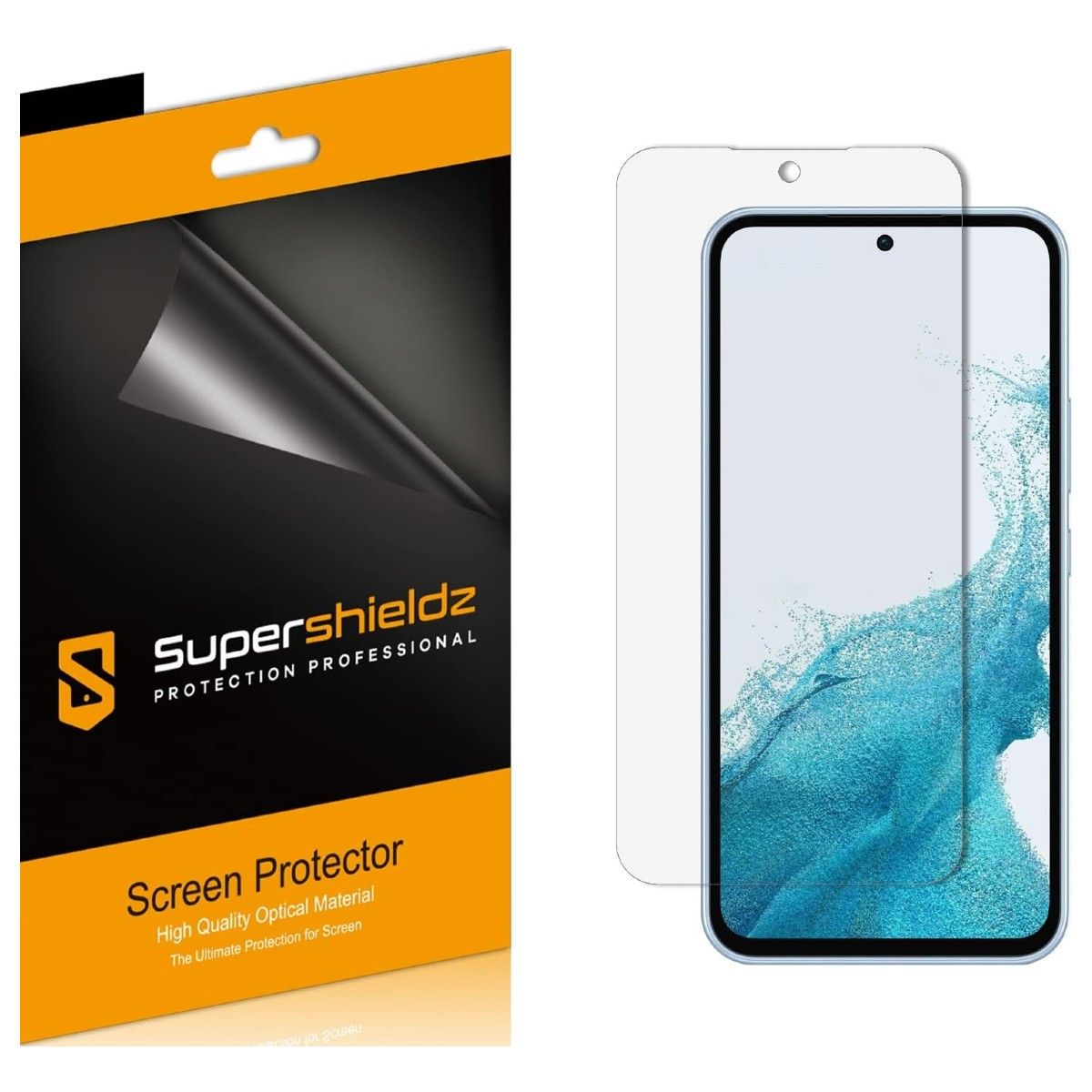 A pack of Supershieldz PET screen protector and a screen protector floating above a phone's display