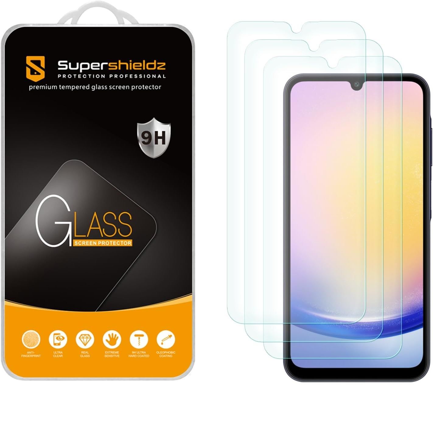 Supershieldz Tempered Glass Protector for Galaxy A25 5G beside packaging