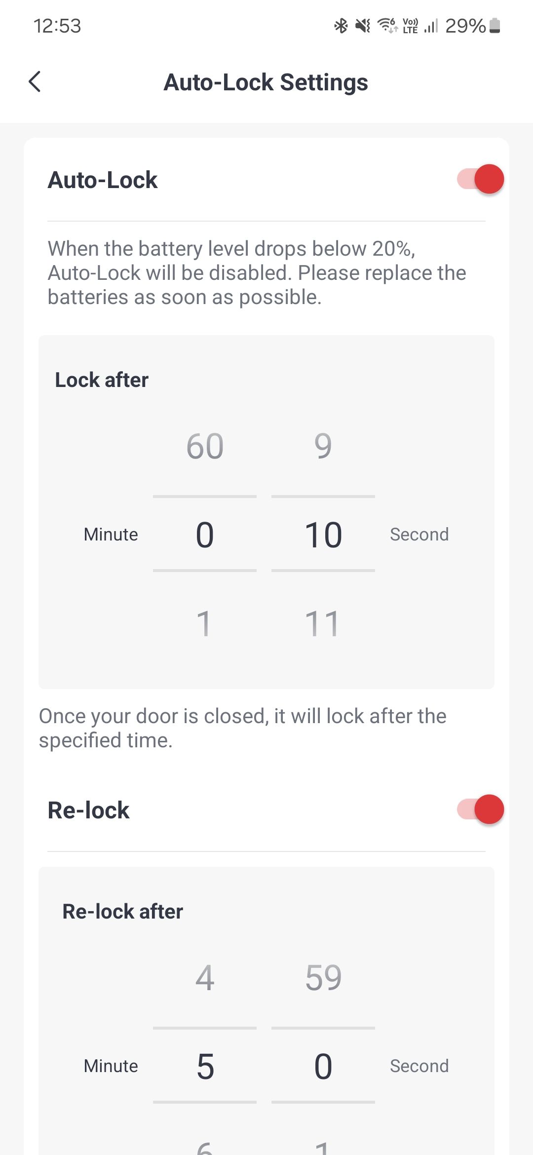 Screenshot of the SwitchBot app showing the auto lock settings