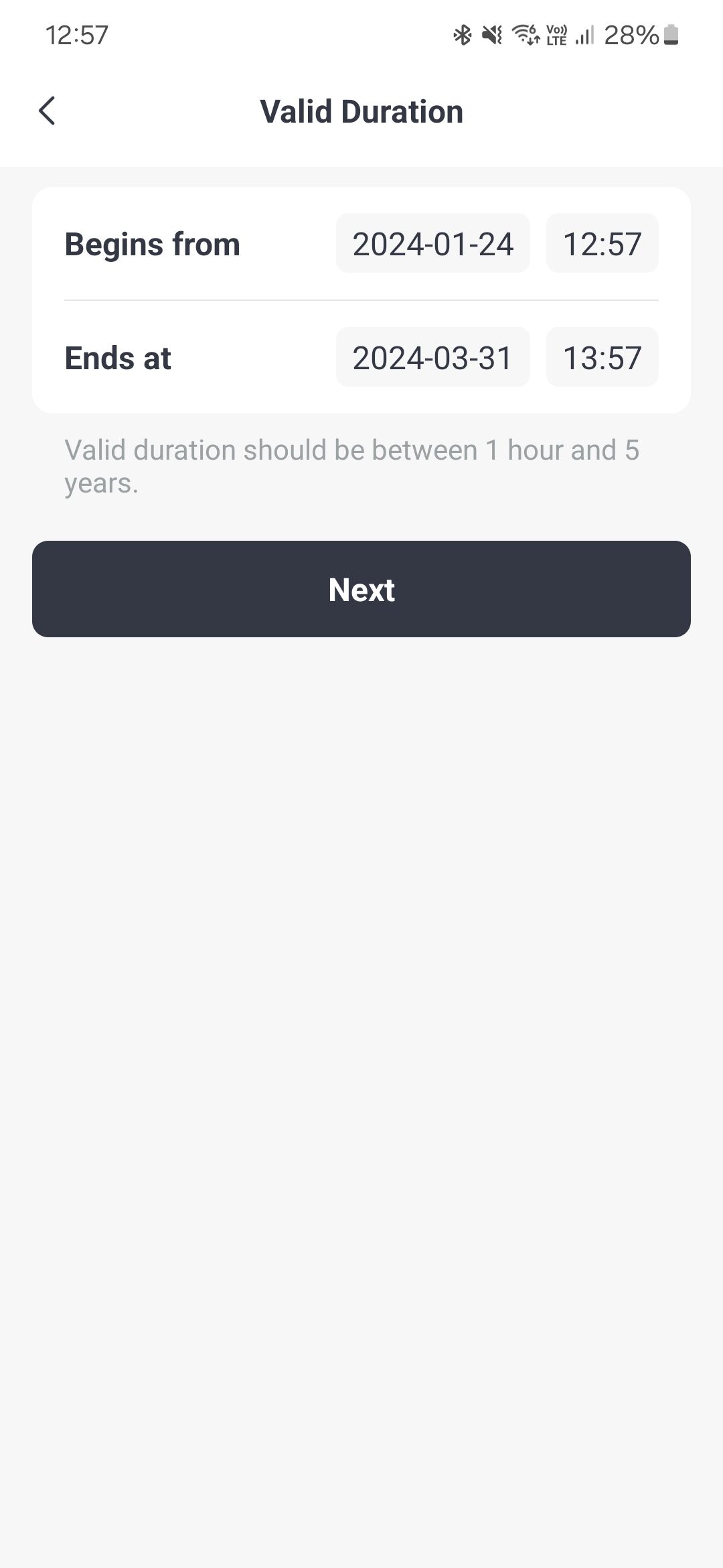 Screenshot of the SwitchBot app showing the temporary keycode creation