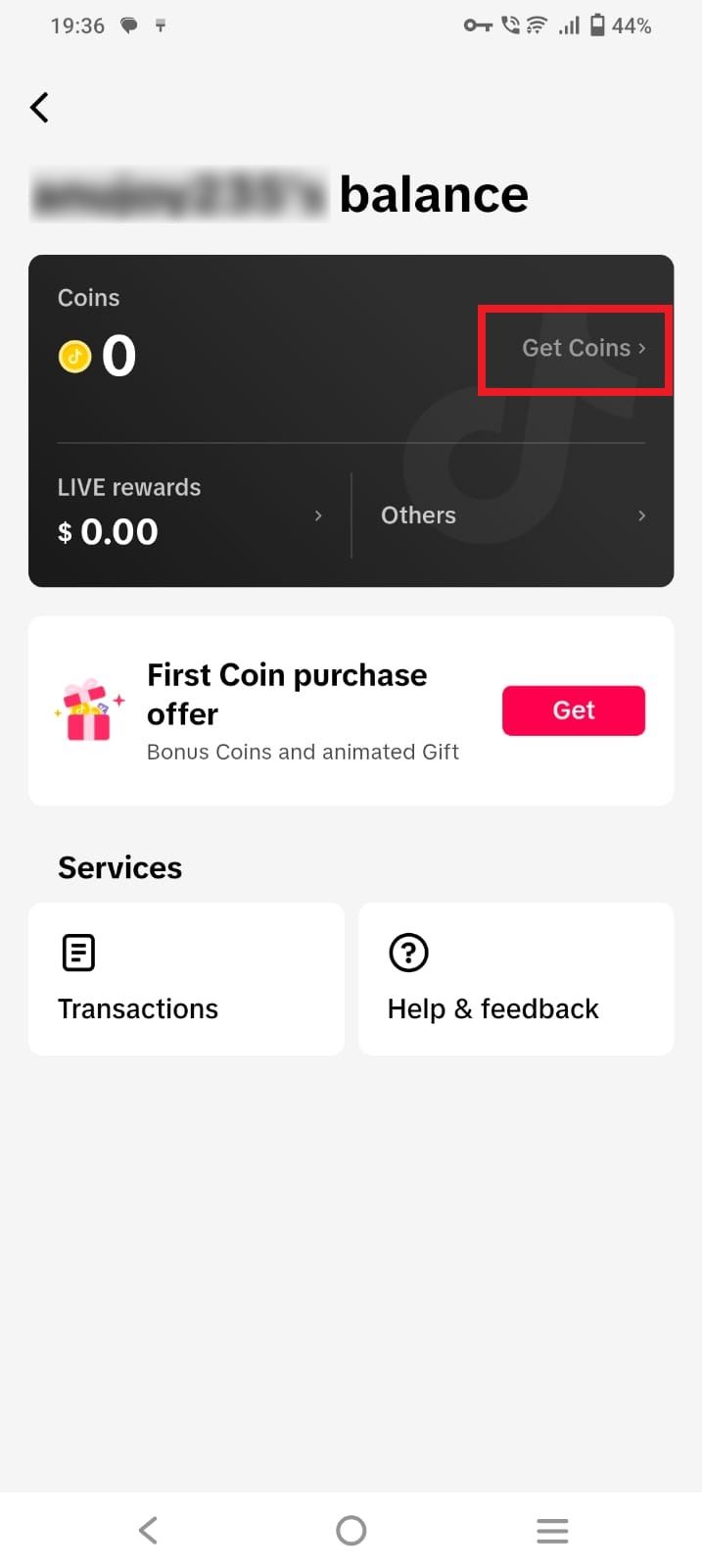 Screenshot highlighting Get coins in the TikTok app