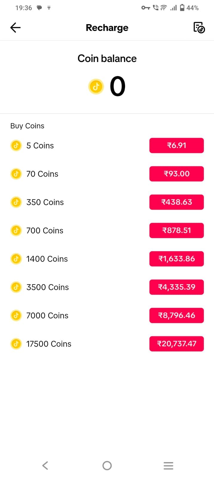 Screenshot of the Recharge page on the TikTok app