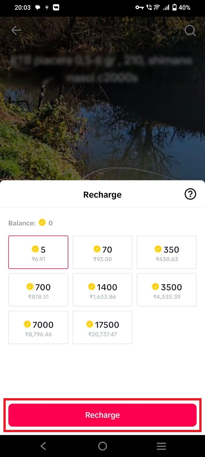 Screenshot of the Recharge page on a TikTok livestream