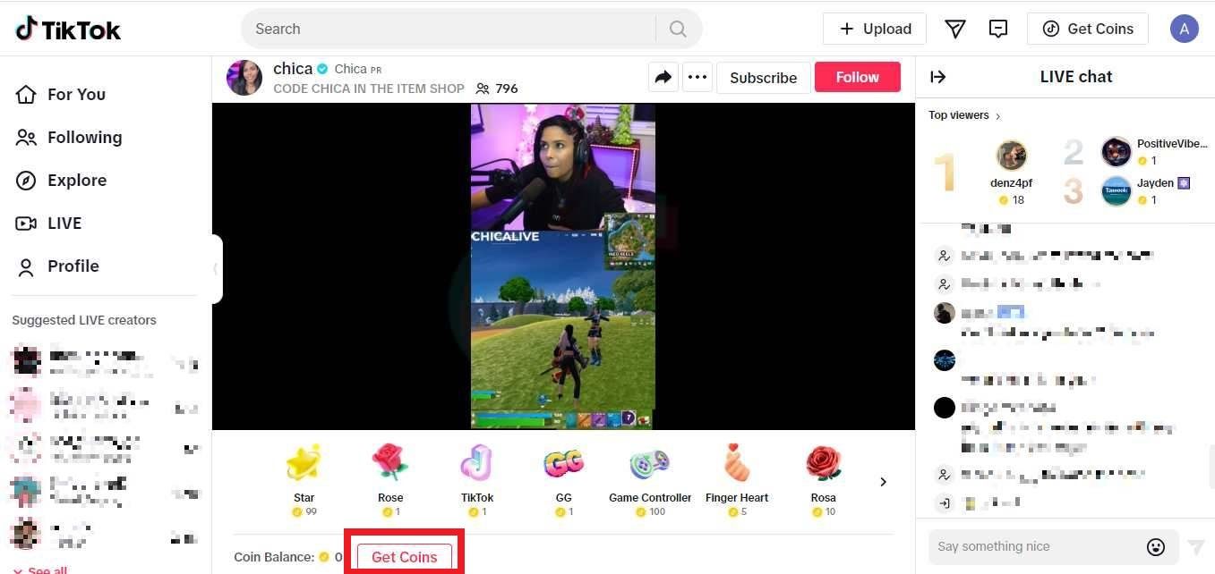 Screenshot highlighting Get Coins on TikTok LIVE