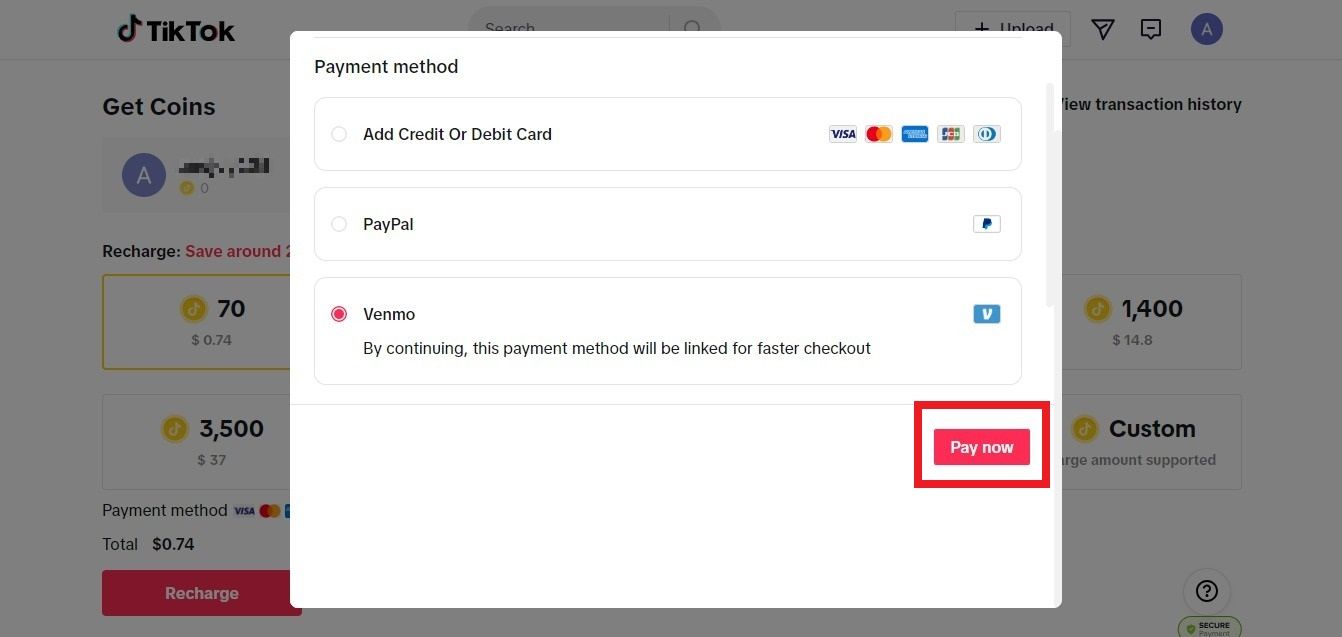 Screenshot highlighting Pay now on the Tiktok website
