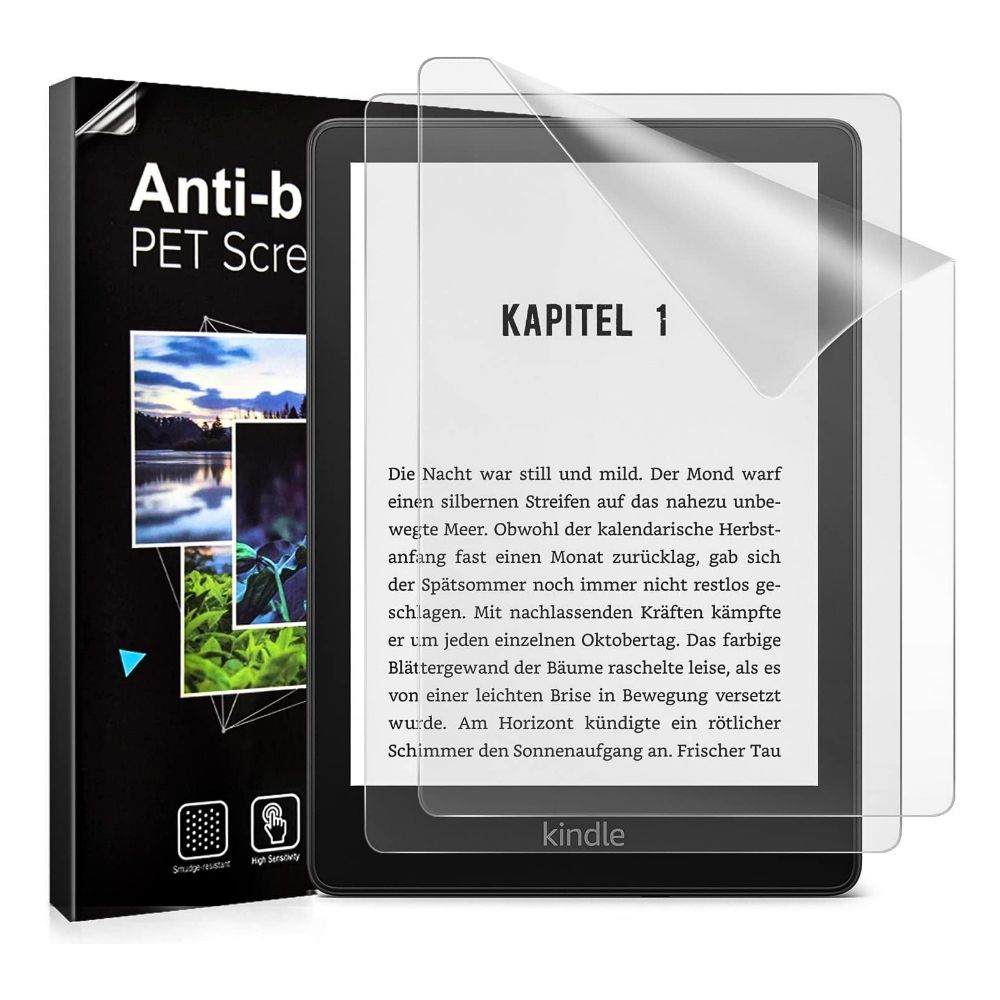 TiMOVO Screen Protector for Kindle Paperwhite, overlayed view beside packaging