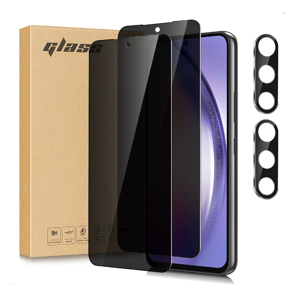 A pack of privacy glass screen protectors for the Galaxy A54