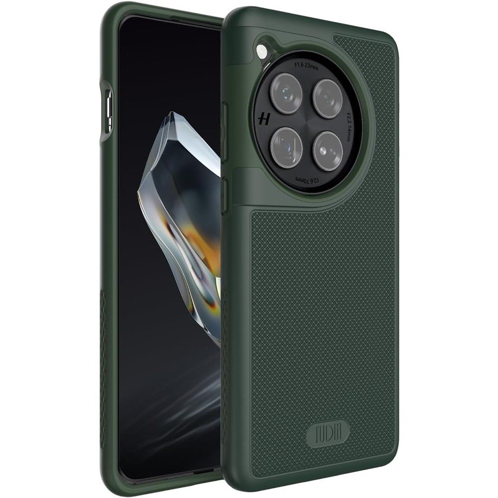 Front and back views of the Tudia Merge Grip for OnePlus 12 in Pine Green