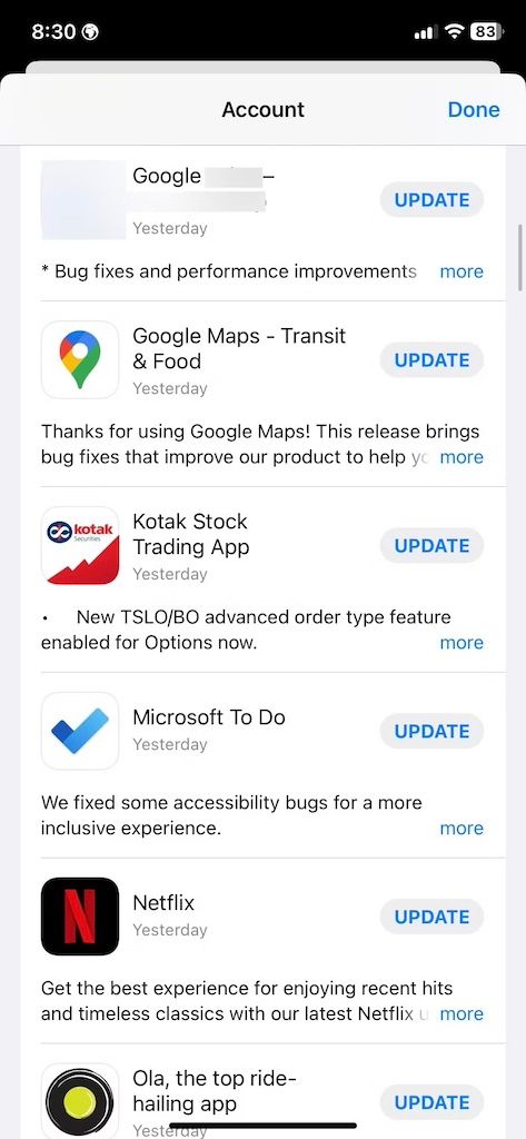 Updating apps on iPhone App Store