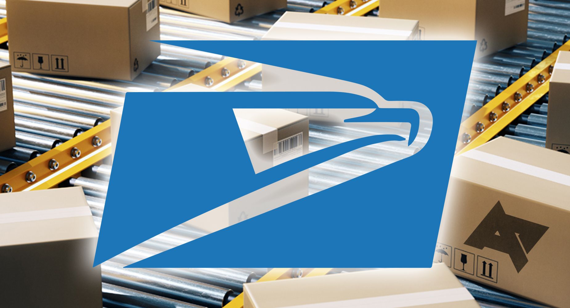USPS logo over image of conveyers laden with packages