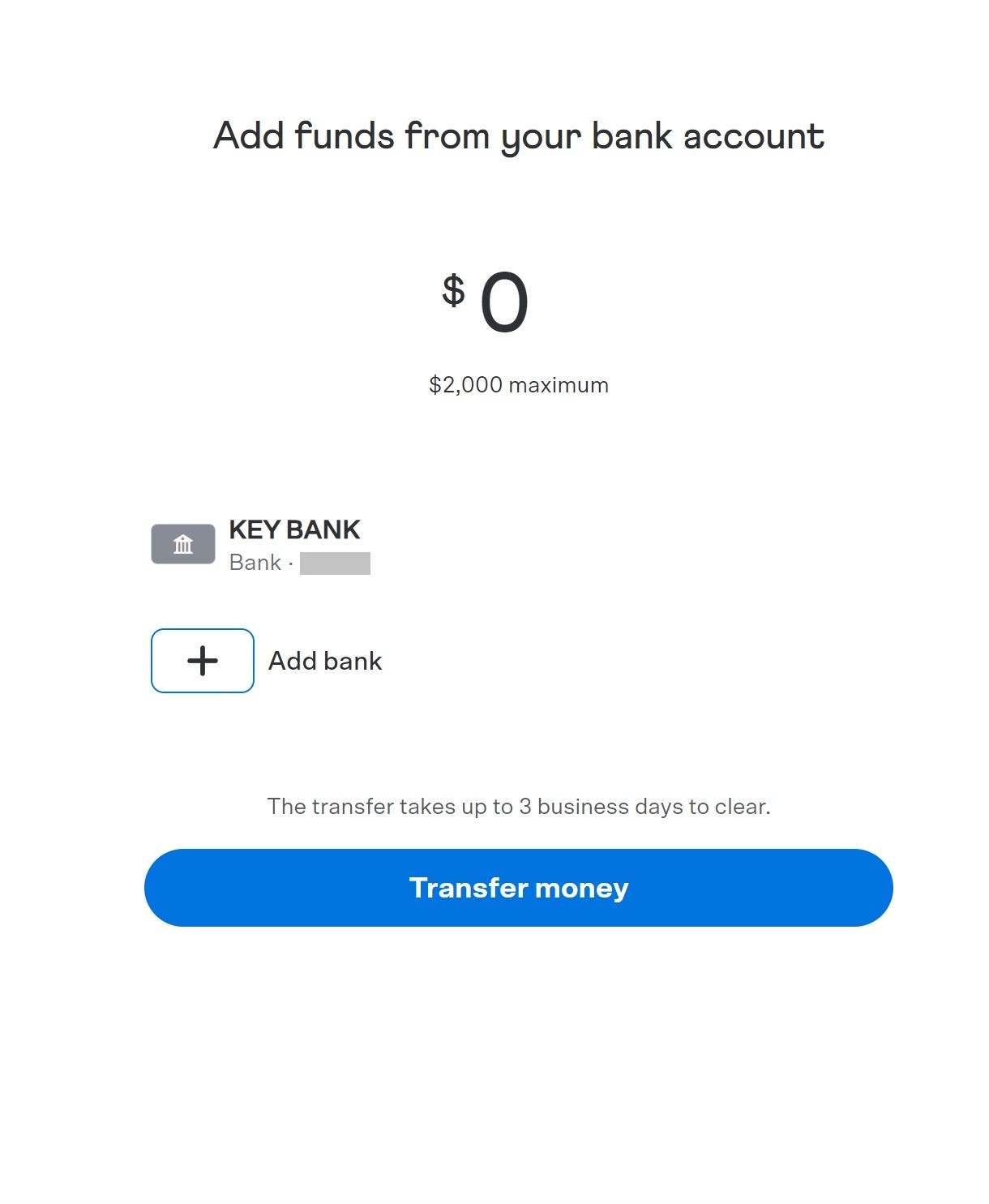 A screenshot from Venmo.com showing the add funds screen